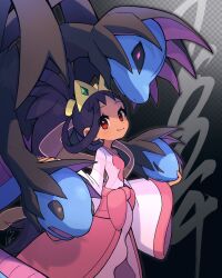 Rule 34 | 1girl, artist name, black background, black hair, checkered background, closed mouth, creatures (company), dark-skinned female, dark skin, dress, game freak, gen 5 pokemon, gradient background, hair rings, hand on another&#039;s face, hand on another&#039;s head, highres, hydreigon, iris (pokemon), long hair, looking at viewer, multiple heads, nintendo, noi (noi pk27), pink dress, pink skirt, pokemon, pokemon (creature), pokemon bw2, red eyes, ribbon, sash, skirt, tiara, wide sleeves