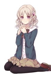 Rule 34 | 10s, 1girl, black pantyhose, blonde hair, blush, bow, bowtie, cardigan, closed mouth, curly hair, diabolik lovers, flat chest, flower, frills, hair ornament, hairclip, ichinose (sorario), interlocked fingers, komori yui, loafers, looking at viewer, pantyhose, petite, pink eyes, rejet, shoes, simple background, sitting, skirt, smile, solo, white background