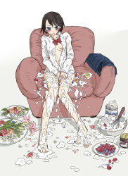 Rule 34 | 1girl, arakawa (aintnoroom), barefoot, black hair, blush, bottomless, breasts, carton, chair, unworn clothes, couch, cream, embarrassed, covered erect nipples, feet, flower, food, fruit, full body, legs, messy, milk, naked shirt, no bra, open clothes, open shirt, original, sexually suggestive, shirt, short hair, sitting, small breasts, solo, strawberry, tears, wet and messy, whisk