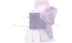 Rule 34 | 1girl, absurdres, box on lap, closed eyes, closed mouth, commentary request, dress, facing viewer, feet out of frame, gift, glitch, hair tubes, hands up, highres, hood, hood down, hooded jacket, invisible chair, jacket, kaf (kamitsubaki studio), kamitsubaki studio, long sleeves, muted color, pink hair, purple jacket, short dress, simple background, sitting, smile, solo, virtual youtuber, white background, xieil1