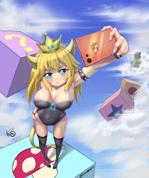 Rule 34 | 1girl, absurdres, arm up, armlet, artist name, bad id, bad pixiv id, bare shoulders, black leotard, black thighhighs, blonde hair, blue eyes, blue nails, blue sky, blush, bowser, bowser logo, bowsette, bracelet, breasts, cellphone, closed mouth, cloud, collarbone, covered navel, crown, dated, day, female focus, fingernails, happy, heart, heart-shaped pupils, highres, holding, holding phone, horns, jewelry, large breasts, leotard, light blush, long hair, looking up, mario (series), nail polish, new super mario bros. u deluxe, nintendo, outdoors, outstretched arm, phone, selfie, shiny skin, signature, skindentation, sky, smartphone, smile, solo, spiked bracelet, spikes, star (symbol), strapless, strapless leotard, symbol-shaped pupils, tail, thigh gap, thighhighs, watermark, weibo watermark, xiaoxi0619