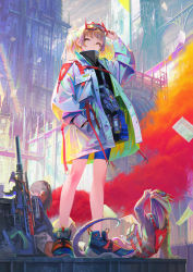 Rule 34 | 1boy, 1girl, absurdres, architecture, assault rifle, blue footwear, blue shorts, blunt bangs, brown eyes, city, cityscape, explosive, goggles, goggles on head, grenade, gun, hand in pocket, highres, jacket, lizard, lizard tail, multicolored hair, nababa, original, rifle, shoes, short hair, short twintails, shorts, sidelocks, standing, tail, twintails, weapon, white jacket