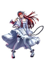 Rule 34 | absurdres, artist request, axe, bow, chain weapon, choker, commentary, dress, english commentary, frilled dress, frills, full body, hair ornament, high heels, highres, holding, holding axe, holding weapon, lolita fashion, long sleeves, official art, persona, persona 3, persona 3 reload, red hair, thighhighs, weapon, white background, white choker, white dress, white thighhighs, yoshino chidori