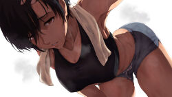 Rule 34 | 1girl, alpha-type, arm up, bent over, black hair, black tank top, breasts, brown eyes, collarbone, commentary request, exercising, hand in own hair, highres, large breasts, lips, looking at viewer, messy hair, midriff, mikasa ackerman, muscular, muscular female, parted lips, shingeki no kyojin, short hair, shorts, simple background, solo, steam, steaming body, sweat, tank top, thighs, towel, towel around neck, very sweaty, white background