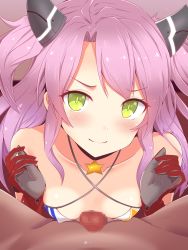 Rule 34 | 1boy, 1girl, absurdres, ahoge, azur lane, bare shoulders, blush, breasts, censored, choker, cleavage, clothed female nude male, collarbone, commentary request, covered erect nipples, criss-cross halter, gloves, green eyes, hair ornament, halterneck, hands up, highres, houston (azur lane), koumei (twinameless), long hair, looking at viewer, mosaic censoring, naizuri, nude, paizuri, penis, pink hair, red gloves, sidelocks, small breasts, smile, solo focus, star (symbol), star choker, sweat, two side up, upper body