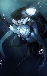 Rule 34 | 1girl, abyssal ship, bad id, bad pixiv id, black gloves, blue theme, bubble, colored skin, gloves, glowing, glowing eyes, hat, headgear, kantai collection, long hair, monochrome, monster, outstretched arm, pale skin, silver hair, solo, teeth, turret, underwater, weasel (close-to-the-edge), white skin, wo-class aircraft carrier