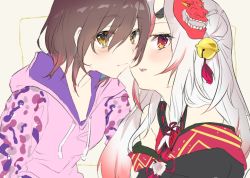Rule 34 | 2girls, bell, black kimono, brown hair, closed mouth, eyes visible through hair, fang, from side, hair bell, hair ornament, highres, hololive, hood, hood down, hoodie, horns, japanese clothes, jingle bell, kimono, looking at viewer, looking to the side, mask, mask on head, multiple girls, nakiri ayame, nakiri ayame (1st costume), nana kagura, off shoulder, oni mask, parted lips, pink hoodie, red eyes, roboco-san, roboco-san (hoodie), smile, tassel, virtual youtuber, white hair, yellow eyes