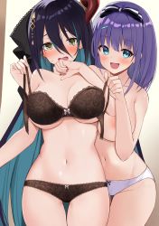 Rule 34 | 2girls, :d, absurdres, aqua eyes, aqua hair, assisted exposure, black bra, black hair, black panties, black ribbon, bow, bow bra, bow panties, bra, breasts, cleavage, convenient arm, cowboy shot, gradient background, green eyes, hair bow, hair ornament, hair ribbon, hairclip, highres, holding, holding bra, holding clothes, holding underwear, horns, lace, lace-trimmed bra, lace-trimmed panties, lace bra, lace panties, lace trim, large breasts, long hair, medium hair, misora (princess connect!), multicolored hair, multiple girls, nail polish, navel, open bra, open mouth, panties, princess connect!, purple hair, ranpha (princess connect!), red nails, ribbon, side horn, single horn, smile, striped, striped bow, sweatdrop, togo (korlsj1235), topless, two-tone hair, underboob, underwear, underwear only, very long hair, wavy mouth, white bow, white panties
