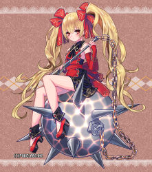 Rule 34 | 1girl, blonde hair, blush, bow, bracelet, chain, character request, detached sleeves, dress, fuji minako, hair bow, high heels, holding, holding weapon, jewelry, long hair, long sleeves, red eyes, sitting, smile, solo, twintails, unmei no clan battle, weapon