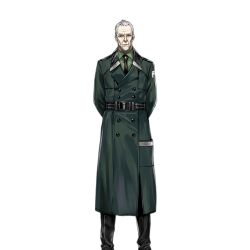 Rule 34 | 1boy, arms behind back, beard, belt, black belt, black necktie, black pants, buttons, closed mouth, coat, double-breasted, facial hair, feet out of frame, general carter (girls&#039; frontline), girls&#039; frontline, green coat, green shirt, infukun, kcco (girls&#039; frontline), long coat, long sleeves, looking at viewer, male focus, necktie, official art, old, old man, pants, shirt, short hair, simple background, solo, standing, transparent background, white hair