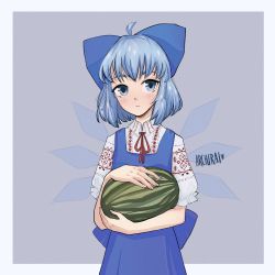 Rule 34 | 1girl, adapted costume, archirai, back bow, blue background, blue bow, blue dress, blue eyes, blue hair, blush, bow, cirno, closed mouth, collared shirt, commentary, detached wings, dress, english commentary, food, frilled sleeves, frills, fruit, hair bow, head tilt, highres, holding, holding food, holding fruit, looking at viewer, neck ribbon, pinafore dress, print shirt, puffy short sleeves, puffy sleeves, red ribbon, ribbon, shirt, short sleeves, simple background, sleeveless dress, solo, touhou, ukraine, vyshyvanka, watermelon, white shirt, wings