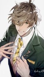 Rule 34 | 1boy, 6tnut9, artist name, bishounen, brown hair, collared jacket, collared shirt, commentary request, green eyes, jacket, looking at viewer, messy hair, mole, mole under eye, necktie, nijisanji, oliver evans, shirt, solo, upper body, virtual youtuber, white background, white shirt, wing collar, yellow necktie