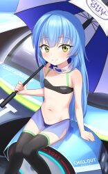 Rule 34 | 1girl, bikini, black bikini, black thighhighs, blue hair, blue umbrella, blush, breasts, character name, closed mouth, english text, green eyes, highres, highspeed etoile, holding, holding umbrella, komachi towa, long hair, looking at viewer, motor vehicle, multicolored hair, on vehicle, outdoors, race queen, shino (shinokani), sitting, small breasts, smile, solo, streaked hair, swimsuit, thighhighs, umbrella, underwear, white umbrella