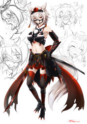 Rule 34 | &gt;:(, 1girl, :d, ^ ^, absurdres, adapted costume, animal ear fluff, animal ears, armor, bare shoulders, black gloves, black skirt, black thighhighs, breasts, closed eyes, commentary request, crop top, elbow gloves, expressions, facial mark, fang, faulds, flying teardrops, full body, gloves, greaves, hair between eyes, hat, heart, highres, holding, holding sheath, holding sword, holding weapon, inubashiri momiji, inyuppo, japanese clothes, jewelry, katana, kimono, large breasts, looking at viewer, mask, midriff, miniskirt, multiple views, navel, necklace, o o, open mouth, parted lips, pom pom (clothes), red eyes, scabbard, sheath, short hair, silver hair, simple background, skirt, sleeveless, sleeveless kimono, smile, stomach, sword, tassel, tears, thighhighs, thighs, tokin hat, touhou, translation request, v-shaped eyebrows, vambraces, weapon, white background, white kimono, wolf ears, zettai ryouiki