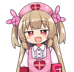 Rule 34 | &gt; &lt;, 1girl, :d, apron, armband, blush stickers, brown hair, center frills, collared shirt, commentary request, fang, frills, hair ornament, hat, heart, kanikama, long hair, looking at viewer, natori sana, nurse cap, open mouth, pink apron, pink hat, puffy short sleeves, puffy sleeves, rabbit hair ornament, sana channel, shirt, short sleeves, simple background, smile, solo, two side up, upper body, virtual youtuber, white background, white shirt