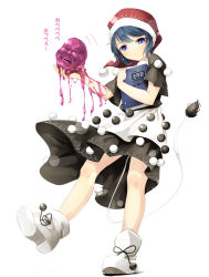 Rule 34 | 1girl, apron, black dress, blue eyes, blue hair, book, hugging book, disembodied head, doremy sweet, dress, gorilla (bun0615), hat, highres, holding, holding book, looking at viewer, matching hair/eyes, multicolored clothes, multicolored dress, nightcap, hugging object, short sleeves, simple background, solo, tail, tapir tail, text focus, touhou, translation request, waist apron, white dress