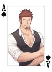 Rule 34 | 00047, 1boy, ace (playing card), ace of spades, alternate costume, bara, black vest, blue eyes, brown hair, cross scar, facial hair, fate/grand order, fate (series), goatee, long sideburns, male focus, mature male, muscular, muscular male, napoleon bonaparte (fate), partially unbuttoned, pectoral cleavage, pectorals, playing card, poker, scar, scar on chest, shirt, short hair, sideburns, smile, solo, spade (shape), upper body, vest, white shirt