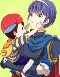 Rule 34 | 2boys, aqua eyes, armor, backpack, bag, baseball cap, blue hair, bracer, cape, fingerless gloves, fire emblem, fire emblem: mystery of the emblem, gloves, hands on another&#039;s face, hat, marth (fire emblem), mother (game), mother 2, multiple boys, myuu1995, ness (mother 2), nintendo, open mouth, shirt, short hair, shorts, shoulder pads, solid oval eyes, striped clothes, striped shirt, super smash bros., t-shirt, tiara