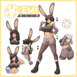 Rule 34 | 1girl, abs, absurdres, animal ears, artist name, ass, black footwear, black pantyhose, boots, bottle, breasts, character name, closed eyes, closed mouth, collarbone, crop top, emi (fizintine), facing viewer, fizintine, full body, fur-trimmed jacket, fur trim, hand on own hip, highres, holding, holding bottle, jacket, large breasts, long sleeves, looking at viewer, looking away, mechanical arms, multiple views, open mouth, original, pantyhose, pointing, pointing at self, rabbit ears, rabbit girl, rabbit tail, short hair, short shorts, shorts, simple background, single mechanical arm, smile, swept bangs, tail, tall female, tan, upper body, water bottle