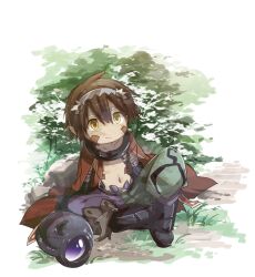 Rule 34 | 1boy, brown hair, cape, child, closed mouth, cota, crossed legs, facial mark, fake horns, flower, grass, green shorts, grin, hair between eyes, helmet, horned headwear, horned helmet, horns, light smile, looking at viewer, made in abyss, male focus, mechanical arms, mechanical hands, mechanical legs, multicolored clothes, multicolored shorts, nature, navel, on ground, pants, plant, pointy ears, purple shorts, red cape, regu (made in abyss), robot, shorts, sitting, smile, solo, topless male, two-tone pants, unworn headwear, unworn helmet, v-shaped eyebrows, white flower, yellow eyes