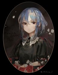 Rule 34 | 1602, 1girl, black background, black dress, blue hair, character name, closed mouth, dress, expressionless, flower, highres, looking at viewer, medium hair, red eyes, red flower, red rose, remilia scarlet, rose, shihou (g-o-s), solo, touhou, twitter username, upper body, wristband