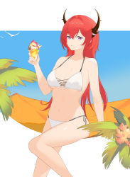 Rule 34 | 1girl, absurdres, arknights, bare arms, bare legs, bare shoulders, bikini, breasts, commentary request, cup, feet out of frame, flower, food, hair between eyes, hair intakes, hammock, hand up, highres, holding, holding cup, horns, ice cream, large breasts, long hair, looking at viewer, medium breasts, navel, parted lips, pink flower, purple eyes, red hair, side-tie bikini bottom, sitting, slu w, solo, stomach, surtr (arknights), swimsuit, thighs, very long hair, white bikini