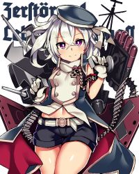Rule 34 | 18bit, 1girl, azur lane, commentary request, gloves, hat, long hair, looking at viewer, machinery, purple eyes, shorts, simple background, smile, solo, torpedo tubes, turret, white gloves, white hair, z1 leberecht maass (azur lane)