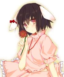 Rule 34 | 1girl, animal ears, black hair, blush, bow, rabbit ears, carrot, carrot necklace, deanoia, ear ribbon, female focus, flower, inaba tewi, jewelry, midriff, necklace, pink eyes, shirt, short hair, skirt, skirt set, solo, touhou