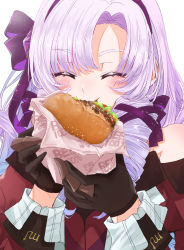 Rule 34 | 1girl, blush, brown gloves, burger, closed eyes, dededeteiu, drill hair, eating, facing viewer, food, gloves, hair ribbon, hairband, highres, holding, holding food, hyakumantenbara salome, hyakumantenbara salome (1st costume), long sleeves, nijisanji, purple hair, purple hairband, purple ribbon, red shirt, ribbon, shirt, simple background, solo, upper body, virtual youtuber, white background