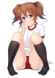 Rule 34 | 1girl, arm support, black socks, blue bow, blue eyes, blush, bow, brown hair, buruma, closed mouth, commentary, gym uniform, hair bow, hair ornament, hairclip, hand to own mouth, highres, hino minato (spec.c), kneehighs, knees up, konoe haruka, looking at viewer, love live!, love live! school idol festival, no shoes, red buruma, shirt, short hair, short sleeves, short twintails, sidelocks, simple background, sitting, skindentation, smile, socks, solo, tareme, twintails, white background, white shirt