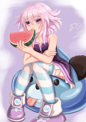 Rule 34 | 1girl, absurdres, dogoo, eating, food, fruit, highres, neptune (neptunia), neptune (series), pink hair, purple eyes, sitting, striped clothes, striped thighhighs, thighhighs, watermelon, you ni ge shaobing