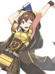 Rule 34 | 1girl, ;d, book, bow, bracelet, breasts, brown hair, cape, cowboy shot, crossed bangs, delthea (fire emblem), dress, fang, fire emblem, fire emblem echoes: shadows of valentia, hair between eyes, hair bow, highres, holding, holding book, jewelry, looking at viewer, nintendo, one eye closed, open mouth, ponytail, short dress, sleeveless, sleeveless dress, small breasts, smile, solo, striped clothes, striped dress, tdob mk2, vertical-striped clothes, vertical-striped dress, yellow bow, yellow eyes