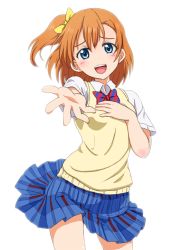Rule 34 | 10s, 1girl, :d, blue eyes, bow, hair bow, hand on own chest, kosaka honoka, looking at viewer, love live!, love live! school idol project, nurutema, open mouth, orange hair, outstretched arm, outstretched hand, school uniform, side ponytail, skirt, smile, solo, white background, wind