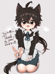 Rule 34 | 1boy, absurdres, ahoge, animal ears, apron, black eyes, blush, brown hair, cat boy, cat ears, child, collar, cuff links, cuffs, fang, hand on own thigh, hand on thigh, highres, japanese text, kneeling, long sleeves, looking at viewer, maid apron, nonomarui, original, paw print, peace symbol, shorts, solo, thank you