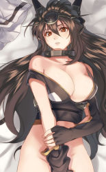 Rule 34 | 10s, 1girl, bare shoulders, bed, bottomless, breasts, brown eyes, brown hair, female focus, highres, kabocha, kabocha (monkey4), kantai collection, large breasts, long hair, lying, nagato (kancolle), on back, solo
