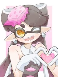 Rule 34 | 1girl, bare shoulders, black dress, black hair, border, bow-shaped hair, callie (splatoon), collar, commentary request, detached collar, dress, earrings, eyelashes, food, food on head, gloves, gradient hair, heart, heart hands, highres, hoop earrings, inkling, jewelry, long hair, mole, mole under eye, multicolored hair, nintendo, object on head, one eye closed, open mouth, outside border, pink background, pink hair, pointy ears, simple background, smile, solo, splatoon (series), star-shaped pupils, star (symbol), strapless, strapless dress, sushi, symbol-shaped pupils, teeth, tentacle hair, thick eyebrows, tonbofree, two-tone hair, upper body, white border, white collar, white gloves, yellow eyes