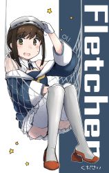 Rule 34 | 1girl, absurdres, blush, brown hair, cosplay, fletcher (kancolle), fletcher (kancolle) (cosplay), fubuki (kancolle), gloves, green eyes, hairband, highres, kantai collection, ma rukan, neckerchief, off shoulder, open mouth, pleated skirt, sailor collar, school uniform, serafuku, short hair, short ponytail, signature, skirt, solo, star (symbol), thighhighs, white gloves, white hairband, white sailor collar, white skirt, white thighhighs, yellow neckerchief