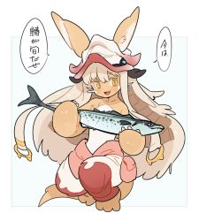 Rule 34 | 1other, :o, animal, animal ears, animal focus, barefoot, blush, body fur, claws, colored eyelashes, eyebrows, fang, fish, flat chest, full body, furry, hair ornament, hat, highres, holding, holding animal, holding fish, horns, long hair, looking at viewer, mackerel (fish), made in abyss, midriff, nanachi (made in abyss), nishiki kazue, open mouth, pants, pouch, puffy pants, rabbit, rabbit ears, rabbit girl, simple background, solo, speech bubble, stomach, straight hair, tail, whiskers, white background, yellow eyes