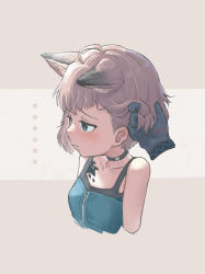 Rule 34 | 1girl, ahoge, animal ears, aqua eyes, arknights, beige background, black choker, blue shirt, blush, breasts, choker, collarbone, cropped torso, ear blush, ear focus, embarrassed, extra ears, fox ears, fox girl, hand blush, hand in own hair, highres, karoro, looking away, looking to the side, material growth, medium hair, originium (arknights), oripathy lesion (arknights), petite, platinum blonde hair, playing with another&#039;s hair, shirt, small breasts, solo focus, sussurro (arknights), tank top, traditional media