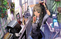 Rule 34 | 1girl, absurdres, apron, arms up, black apron, black hair, blue skirt, bracelet, bread slice, cabinet, calendar (object), chair, coffee maker, coffee mug, collared shirt, commentary, cup, day, dohyo123123, door, faucet, flower, food, food in mouth, from above, green eyes, grey shirt, hair ribbon, highres, indoors, jam, jewelry, kitchen, long hair, looking away, mouth hold, mug, original, plant, potted plant, red ribbon, ribbon, shirt, sideways glance, sink, skirt, solo, standing, sunlight, table, toast, toast in mouth, toaster, tying hair, window