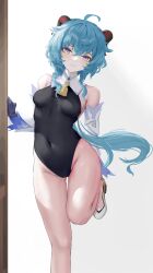 Rule 34 | 1girl, absurdres, adjusting clothes, adjusting shoe, ahoge, bare shoulders, bell, black leotard, blue gloves, blue hair, blush, breasts, covered navel, detached sleeves, ganyu (genshin impact), genshin impact, gloves, gluteal fold, groin, high heels, highres, horns, legs together, leotard, light smile, long hair, looking at viewer, low ponytail, medium breasts, neck bell, parted lips, purple eyes, sidelocks, solo, standing, standing on one leg, thigh gap, thighs, white sleeves, yeyide