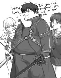 Rule 34 | 1boy, 2girls, absurdres, animification, belt, breasts, cleavage, commentary, dual wielding, english commentary, english text, family guy, fat, fat man, greyscale, hair behind ear, hands on own hips, highres, holding, holding sword, holding weapon, jacket, kirigaya suguha, kirito, kowai (iamkowai), looking at viewer, meme, monochrome, multiple girls, open mouth, parody, peter griffin, pogchamp (meme), school uniform, serafuku, sinon, skirt, small breasts, smile, style parody, sword, sword art online, weapon