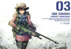 Rule 34 | 10s, 1girl, ai arctic warfare, artist name, asymmetrical gloves, bag, blue hair, bolt action, explosive, fingerless gloves, gloves, grenade, gun, hair between eyes, heckler &amp; koch, highres, hiroki ree, holding, holding gun, holding weapon, long hair, looking at viewer, love live!, love live! school idol festival, love live! school idol project, pantyhose, rifle, scope, sig p226, signature, sniper rifle, solo, sonoda umi, standing, trigger discipline, uneven gloves, weapon, yellow eyes