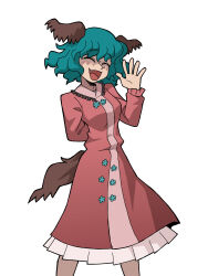 Rule 34 | 1girl, :d, ^ ^, absurdres, animal ears, arm behind back, brown dress, closed eyes, commentary, dog ears, dog tail, dress, eddybird55555, english commentary, fang, green hair, highres, kasodani kyouko, long sleeves, open mouth, parody, short hair, simple background, smile, solo, standing, style parody, tail, touhou, vanripper (style), white background