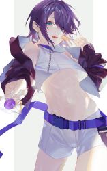 Rule 34 | 1boy, abs, absurdres, androgynous, blue eyes, candy, crop top, food, highres, lollipop, looking at viewer, male focus, midriff, navel, nipples, original, pale skin, purple hair, reaching, reaching towards viewer, sainome (imveryfinethx), shorts, smile, solo, trap