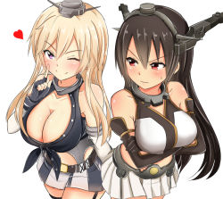 Rule 34 | 10s, 2girls, bare shoulders, baretto (karasi07), black gloves, black hair, blonde hair, blush, breast hold, breasts, cleavage, crossed arms, fingerless gloves, from above, gloves, hairband, headgear, heart, iowa (kancolle), kantai collection, large breasts, long hair, looking at viewer, midriff, miniskirt, multiple girls, nagato (kancolle), navel, one eye closed, purple eyes, red eyes, skirt, smile, sweatdrop