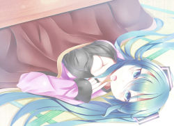 Rule 34 | 1girl, blue eyes, blue hair, breasts, cleavage, eating, hatsune miku, kiseno, kotatsu, long hair, looking at viewer, lying, matching hair/eyes, on back, open mouth, solo, table, twintails, under kotatsu, under table, vocaloid