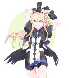 Rule 34 | 1girl, arm warmers, arms behind head, arms up, black wings, blonde hair, blue eyes, character request, circle, detached sleeves, elf, green circle, highres, kuze (ira), long hair, looking at viewer, original, pointy ears, shorts, smile, solo, teeth, very long hair, white background, wings