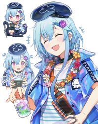 Rule 34 | 1boy, :&gt;, arknights, beret, black hat, blue hair, blue jacket, blue shirt, chibi, closed eyes, commentary, cup, earrings, flower, flower necklace, full body, gradient hair, handheld game console, hat, holding, holding cup, holding handheld game console, infection monitor (arknights), jacket, jellyfish hair ornament, jewelry, lei, light blue hair, looking at viewer, looking down, male focus, mizuki (arknights), mizuki (summer feast) (arknights), multicolored hair, multiple views, necklace, nervous, open clothes, open jacket, open mouth, pink eyes, shan (ti0n), shirt, short sleeves, simple background, sitting on tentacle, smile, striped clothes, striped shirt, tentacles, upper body, white background, white shirt