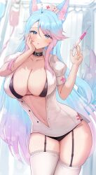 Rule 34 | 1girl, absurdres, ahoge, animal ears, black bra, black panties, blue eyes, blue hair, blush, bra, breasts, choker, cleavage, collarbone, curvy, garter straps, gradient hair, hat, highres, large breasts, long hair, looking at viewer, multicolored hair, navel, nurse, nurse cap, open clothes, open shirt, panties, pink hair, puffy short sleeves, puffy sleeves, sauvignon, short sleeves, sidelocks, silvervale, solo, stomach, syringe, thick thighs, thighhighs, thighs, underwear, virtual youtuber, vshojo, white thighhighs, wide hips, wolf ears, wolf girl